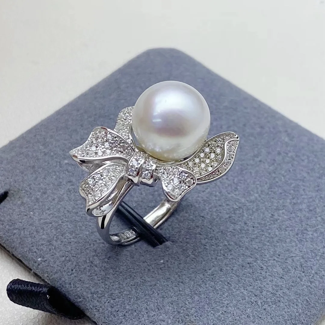 new  AAAA ++++ 9-10MM  10-11mm 11-12mm  12-13mm ROUND  akoya white Pearl Ring Opening Silver Adjustable size gift box