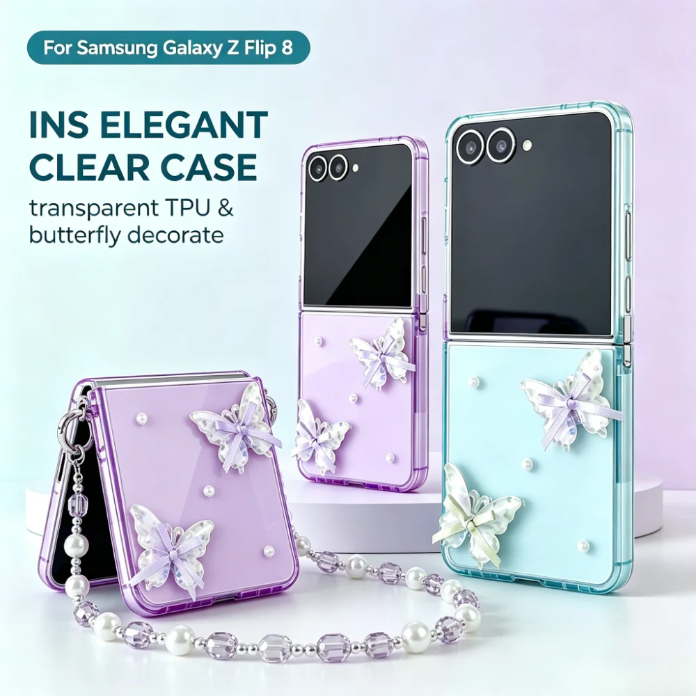 Fashion INS Transparent Butterfly Phone Case for Samsung Galaxy Z Flip 8 5G Crystal Hanging Chain Z 플립8 Shockproof Protect Cover