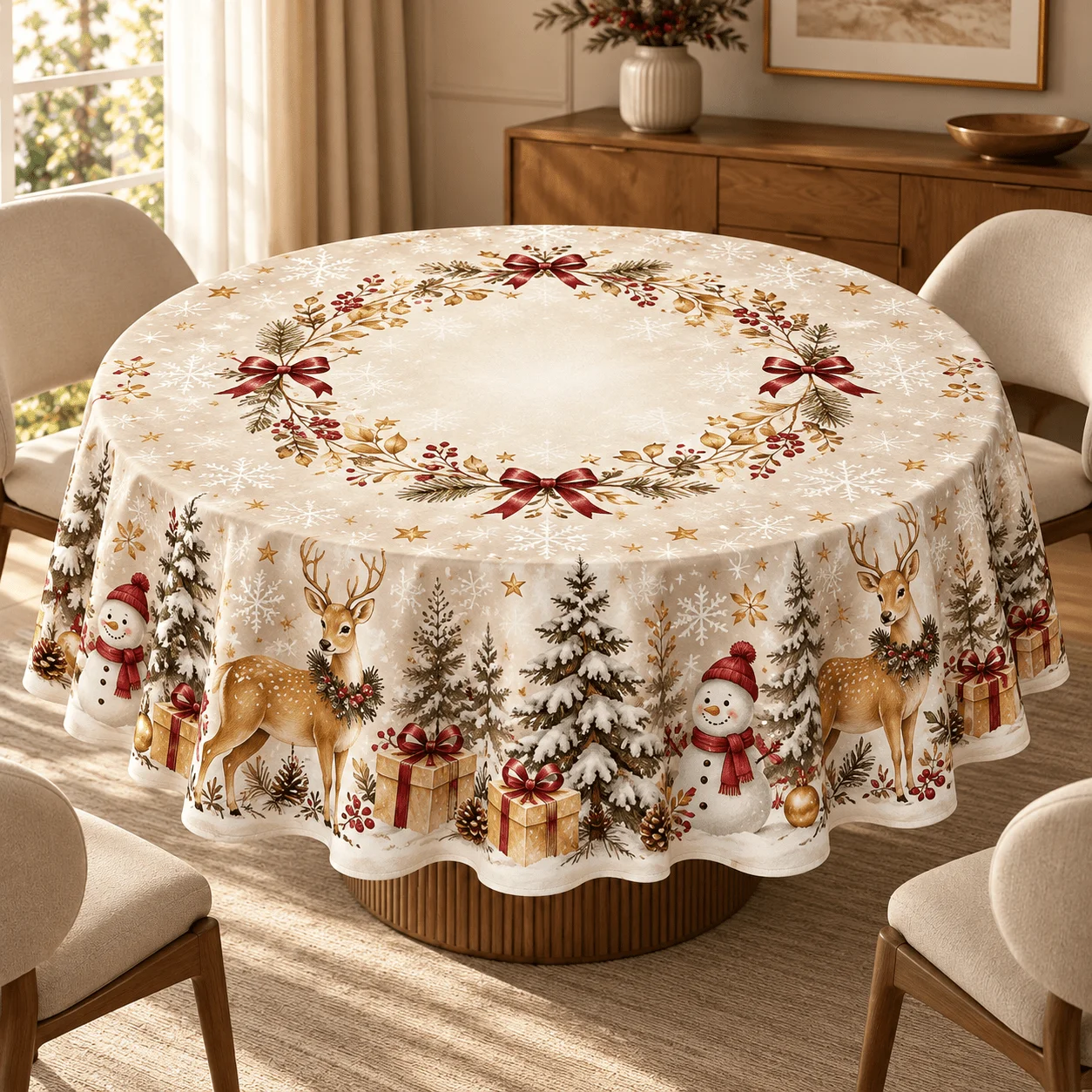 1 round Christmas tablecloth, cream white with champagne gold elk, snowman, snowflake and burgundy bow wreath print