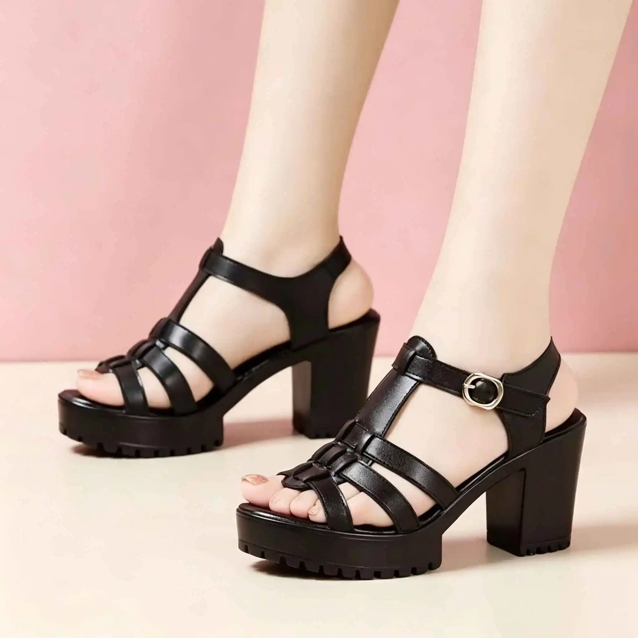 8cm Small Size 32-43 Fashion Genuine Leather Shoes Gladiator Sandals Summer 2025 Women Block High Heels Platform Sandals Office
