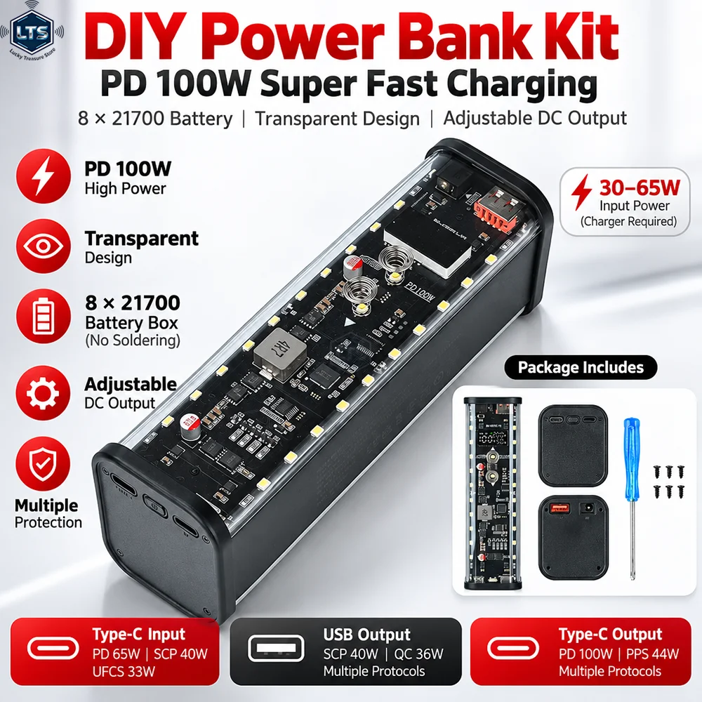 PD 100W Schnelllade-Modul 8x 21700 Batteriehalter Lötfreies DIY Powerbank-Gehäuse USB-C-Ladegerät LED-Außenbeleuchtungs-Set für DIY – Detail 1
