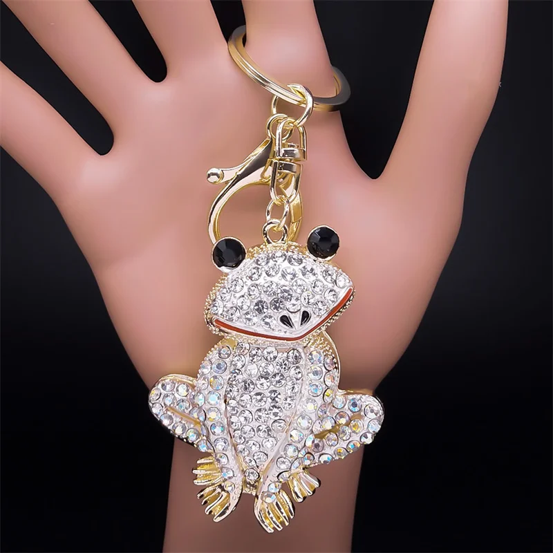 Crystal Wihte Frog Keychain for Women Rhinestone Gold Color Aesthetic Animal Bag Accessories Girlfriend Gift Keyring Jewelry