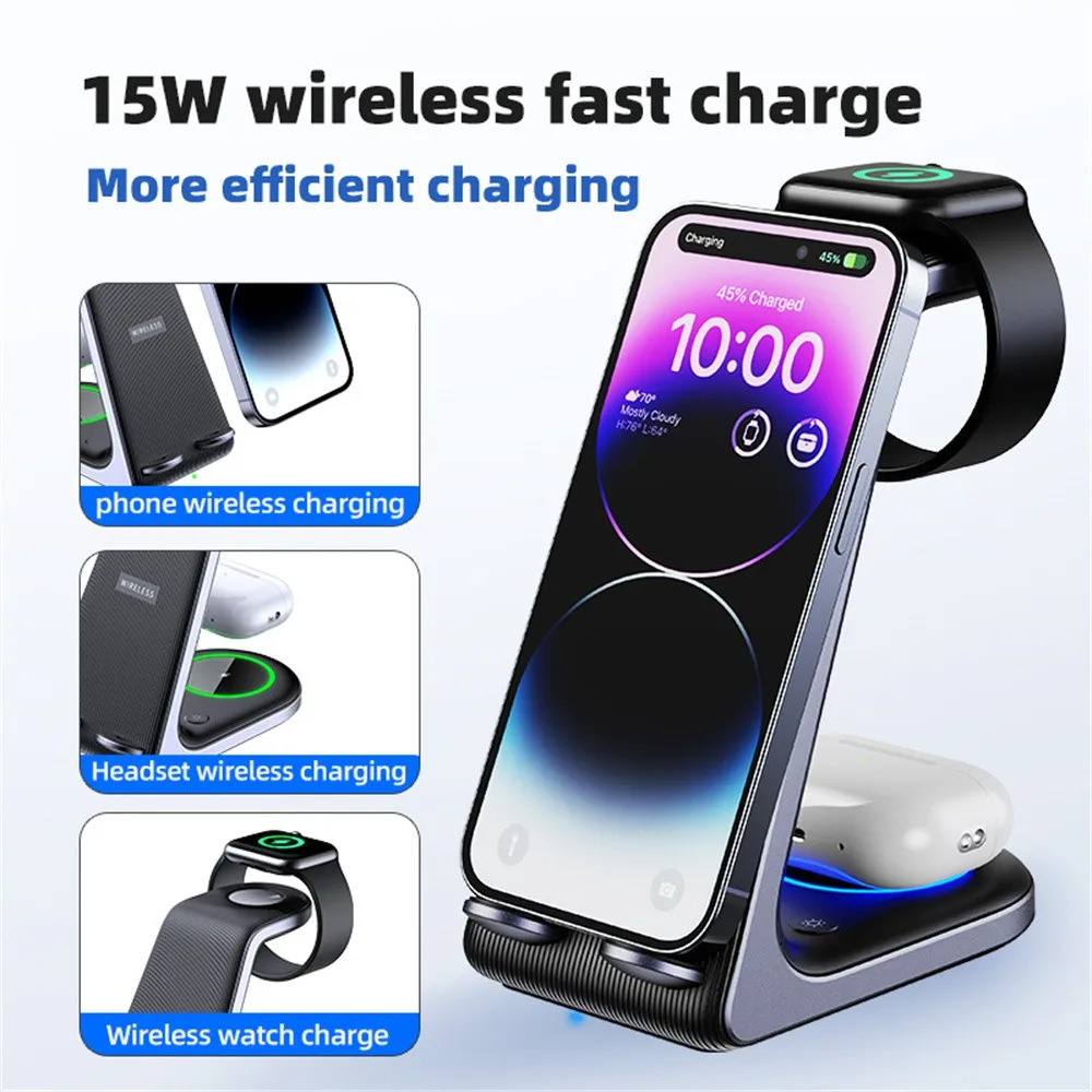 NEW 15W Wireless Charger Stand For iPhone 14 13 12 11 X Apple Watch 3 in 1 Fast Charging Dock Station For Airpods Pro iWatch 8 7