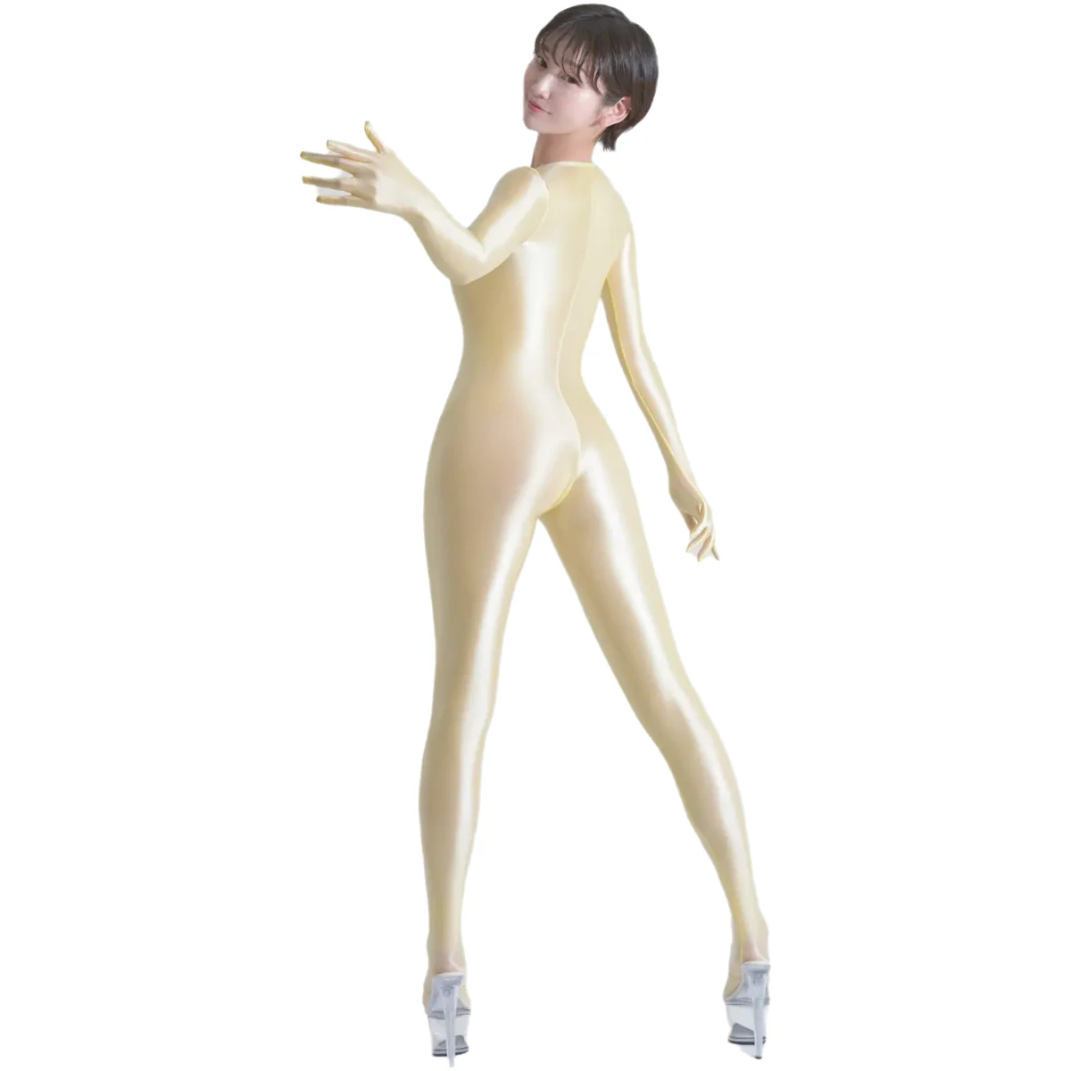 AMORESY Women Sexy Glossy Thin One-piece Crew Neck Sheer Jumpsuit Longsleeve See Through Surfing Quick-dry Swimwear Bathing Suit
