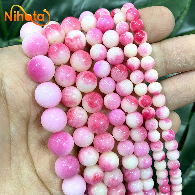 Natural Smooth Pink Peach Chalcedony Round Loose Beads for Jewelry Making DIY Handmade Ear Studs Bracelet 6/8/10/12mm  15'' Inch