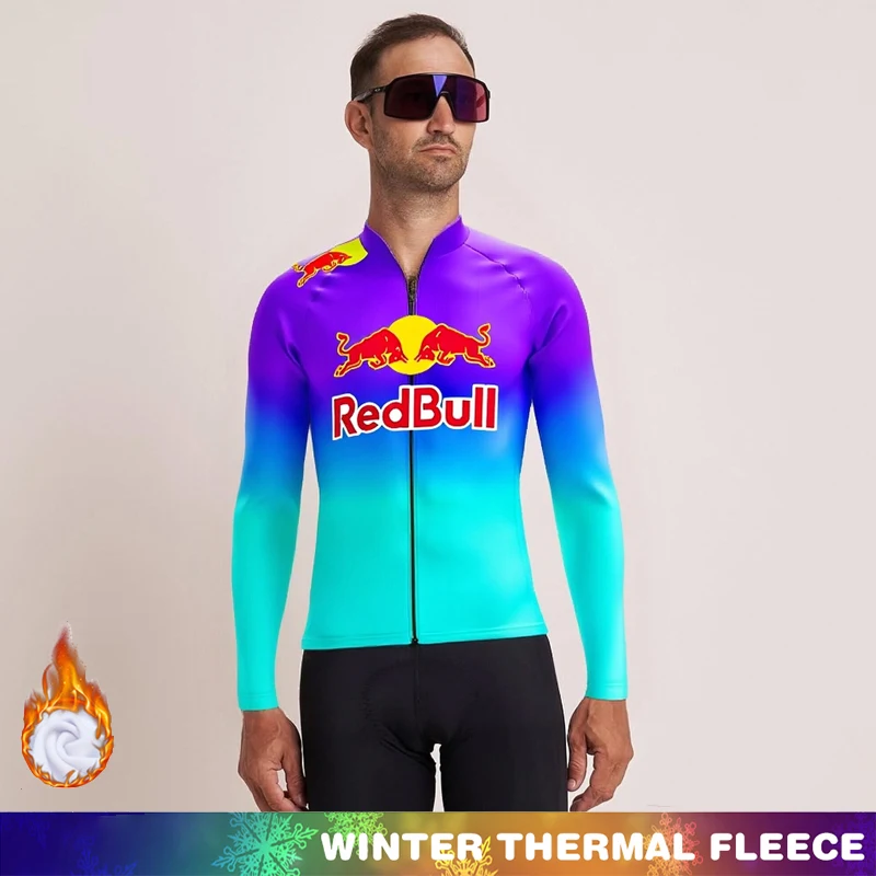 

Men's Cycling Shirt Jersey Thermal Red Bull Outfit Winter Fleece Mens Clothing Mtb Road Bicycle Bib 2025 Bike Man Set Clothes