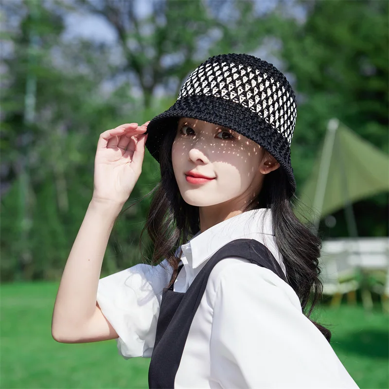 

Girls Casual Beanie Bucket Hat Women's Fashion Foldable Travel Ocean Basin Hat Hollow Sun Cap Color Matching Woven