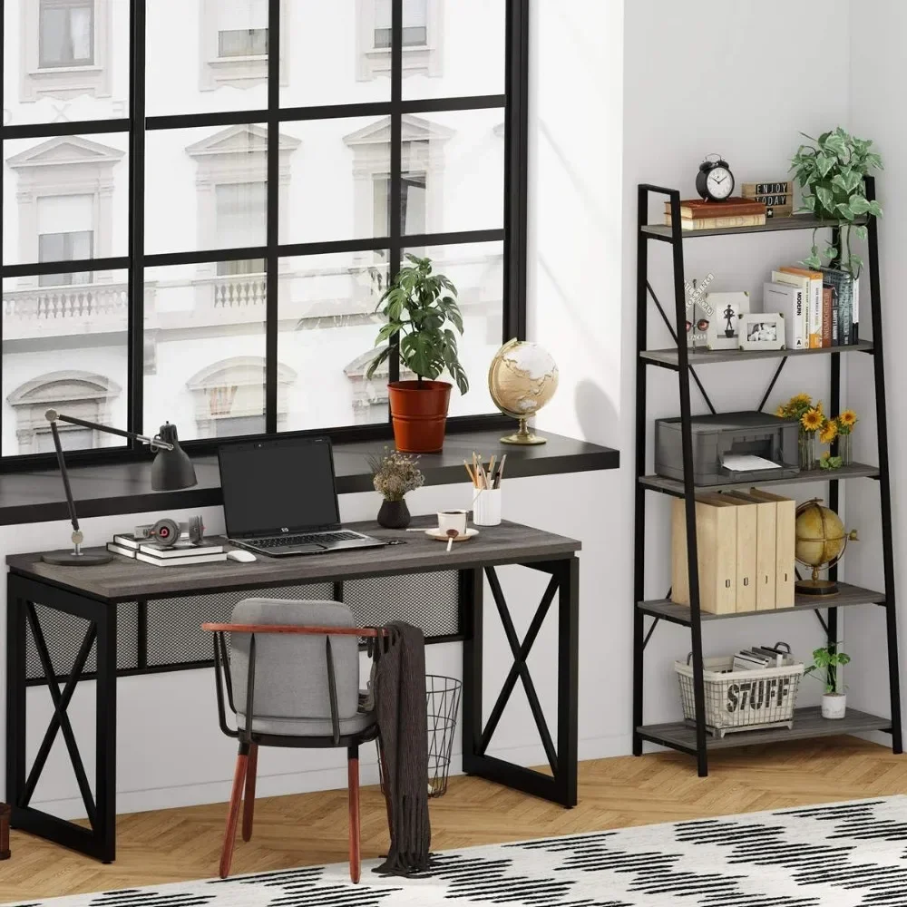 Bookcases, Industrial Leaning Bookcase, Wood and Metal Ladder Bookshelf for Living Room, Kitchen,Dark Grey Oak Bookcases