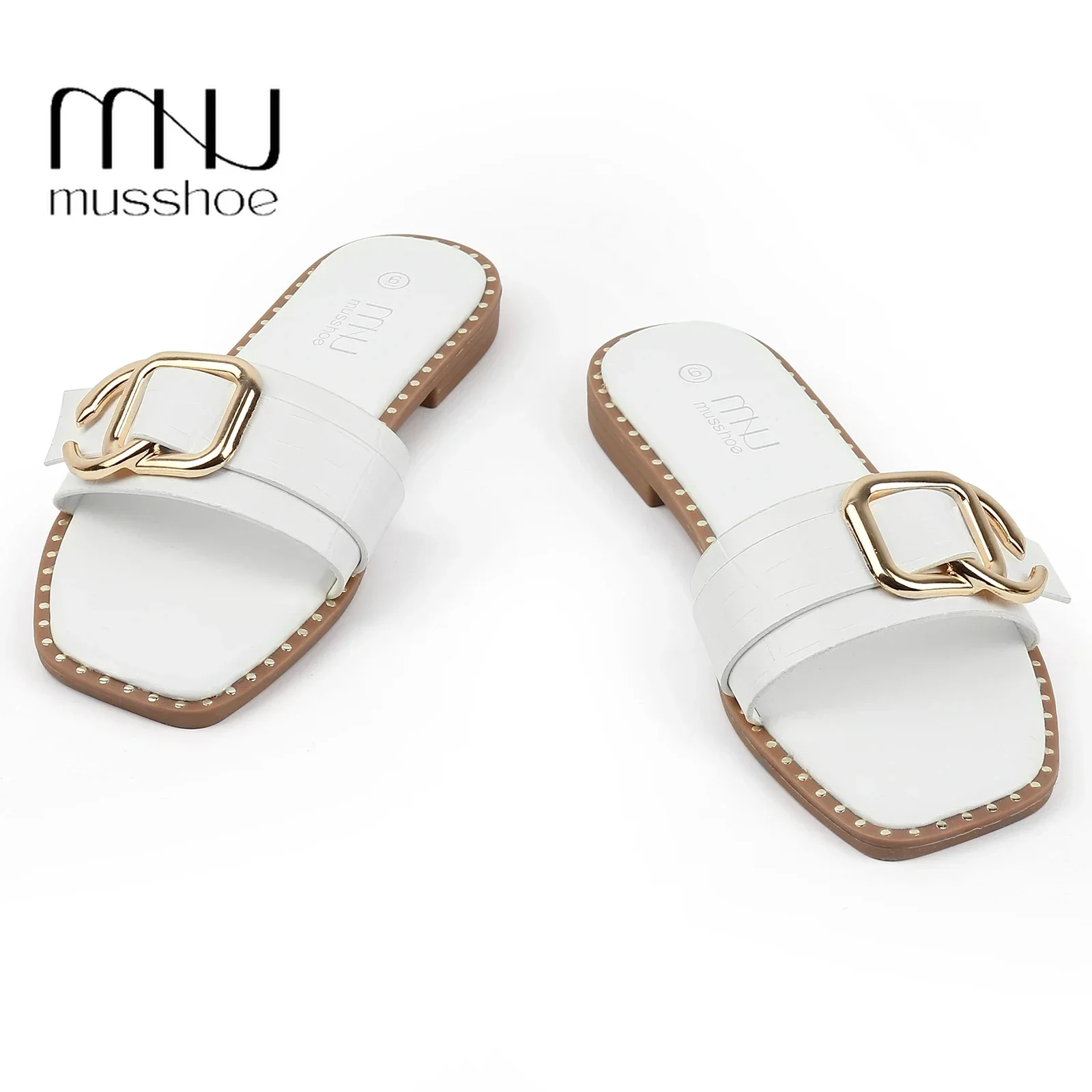 

MUSSHOE Women's Flat Sandals Summer Slippers Square Open Toe Chain Dressy Sandals Slip On Outdoor Slide Sandals Outdoor Shoes