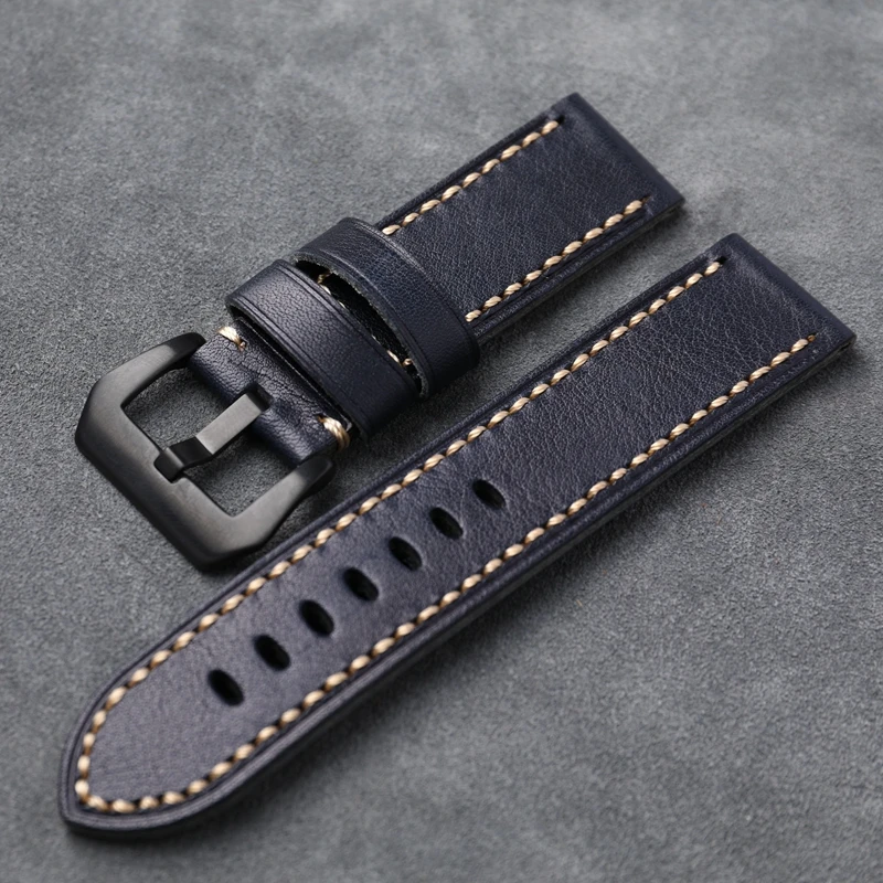 Head Layer Cowhide Leather Strap 22 24 26MM Navy Blue Folded Hand-Stitched Bracelet Suitable For Military Watches Bronze