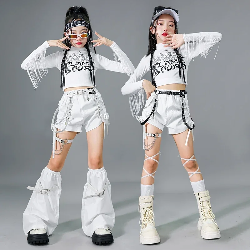 여아용 화이트 태슬 탑 카고 팬츠 수트 연습복 재즈 모던 의류 볼룸 힙합 댄스 의상
