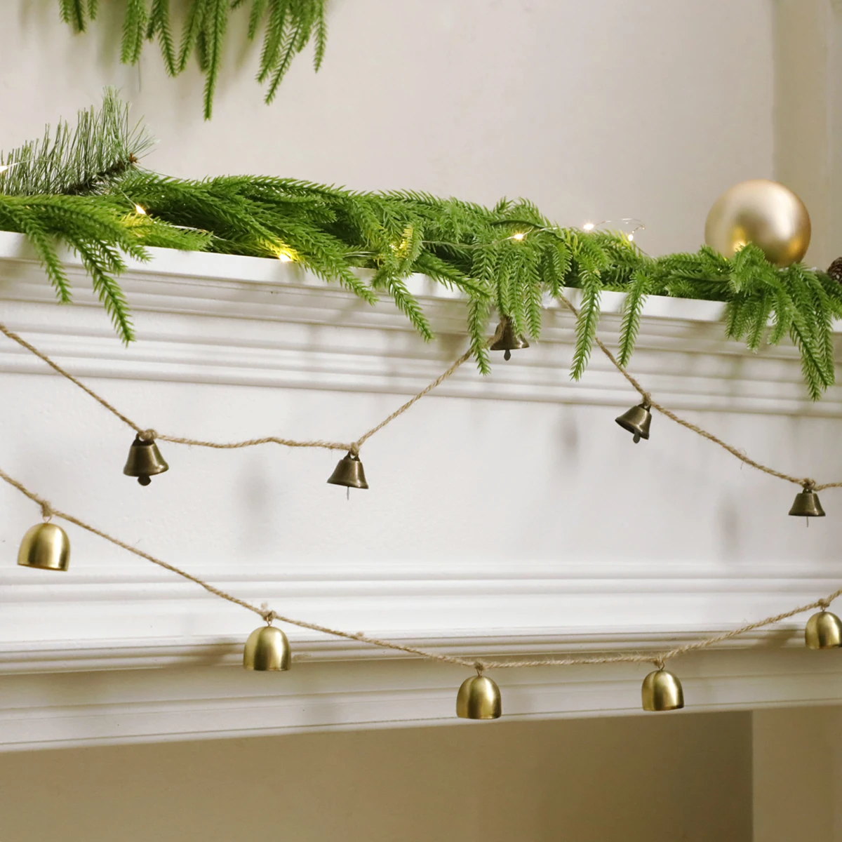 1pc Christmas Golden Bell Garland, Rustic Jute Rope Hanging Bells, Festive Decor for Xmas Tree,Fireplace,Home & Party Decoration