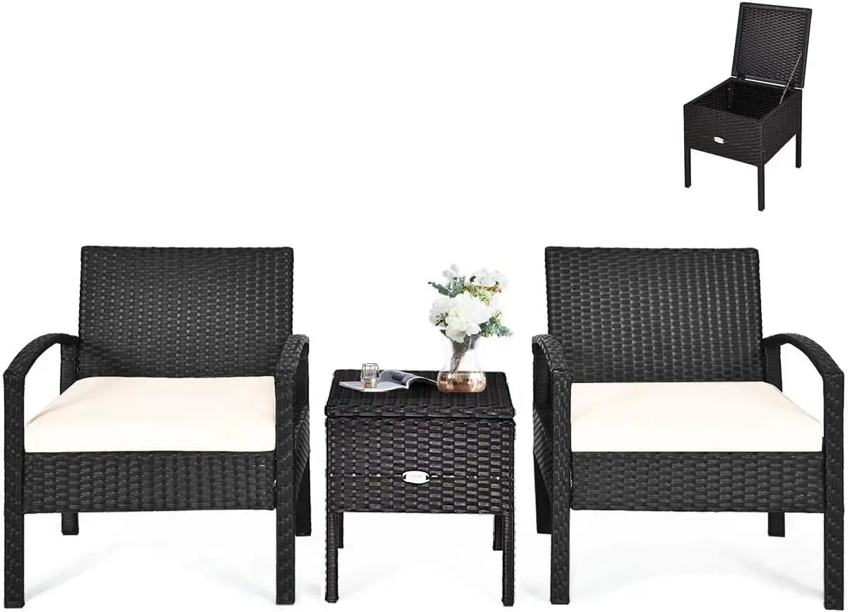 Happygrill 3 Pieces Patio Furniture Set Rattan Wicker Sofa Set With Removable Cushions And Coffee Table, Outdoor Conversation