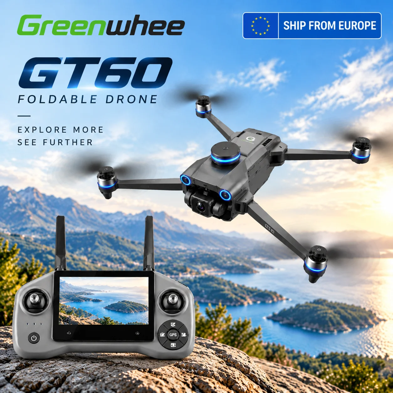 Drone GPS GREENWHEE GT60 con telecomando dotato di schermo da 4,3 pollici, drone pieghevole con connettività 5G WiFi FPV, fotocamera HD con stabilizzazione a gimbal, sistema di posizionamento tramite