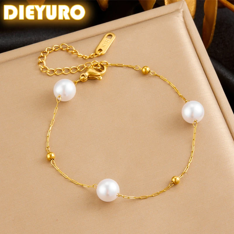 DIEYURO 316L Stainless Steell 3 Pieces Round Pearl Bracelet For Womens 2024 New Concise Trend Non-fading Hand Chain Jewelry Gift