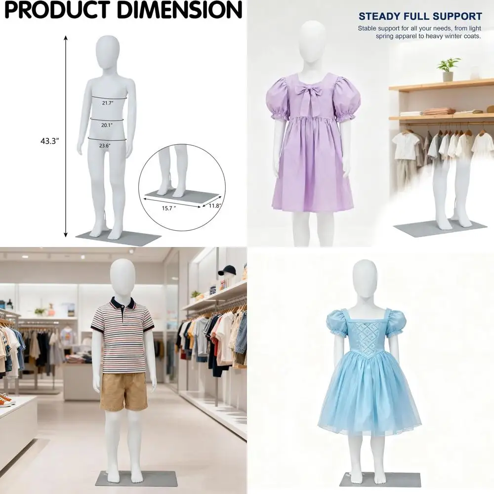 

43.3 Full-Body Child Mannequin with Adjustable, Detachable Arms, Metal Base for Retail Displays, White