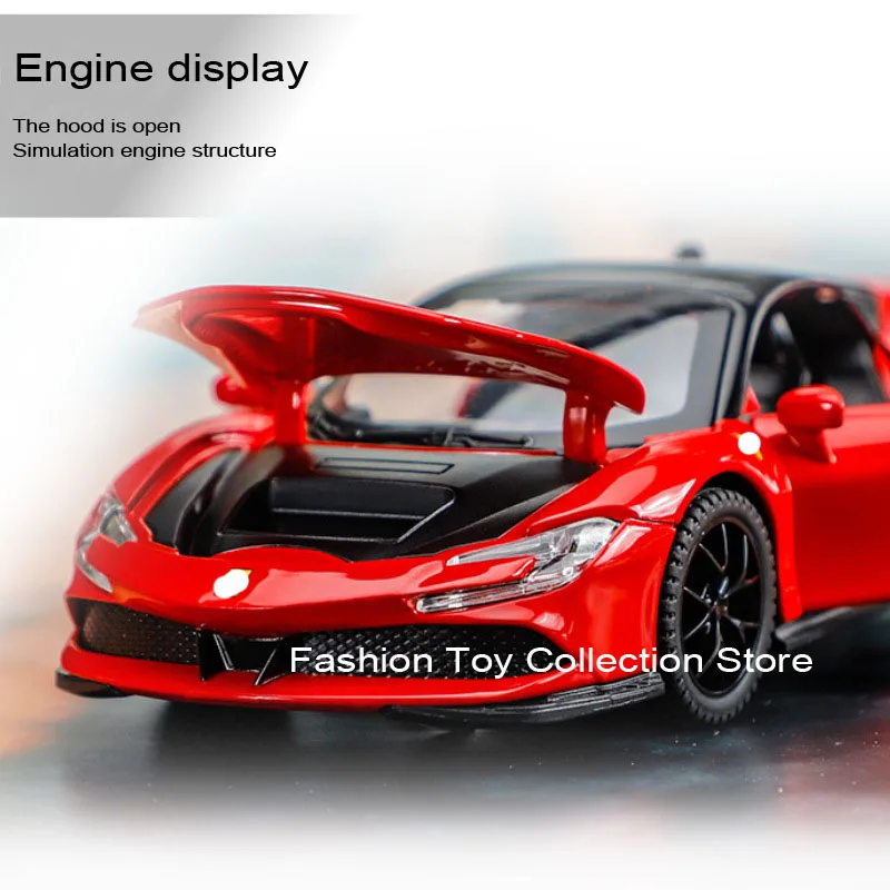 1: 32 Ferari SF90 Alloy Car Model High Simulation Diecasts Toy With Sound and Light Pull Back Vehicles Decoration Toys For Kids