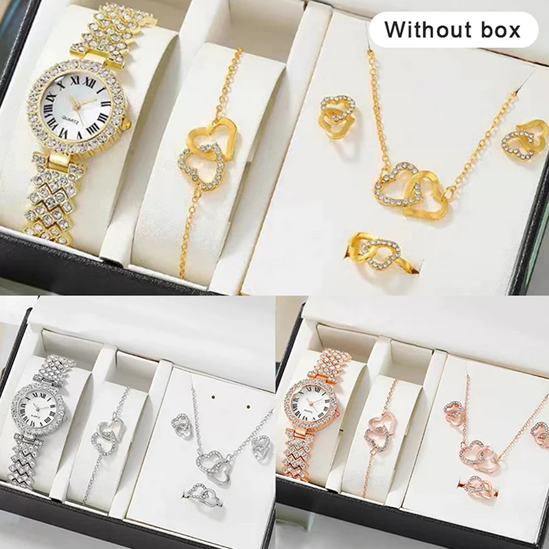 5Pcs/set Women\'s Watch Luxury Rhinestone Quartz Watch Fashion Wrist Watch & Heart Jewelry Set