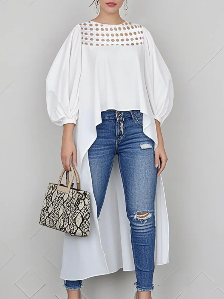 

Yeezzi Women's White Hollow Out O-Neck High-Low Tops Pleated Puff Sleeves Loose Asymmetrical Cotton Casual T-shirts Clothing
