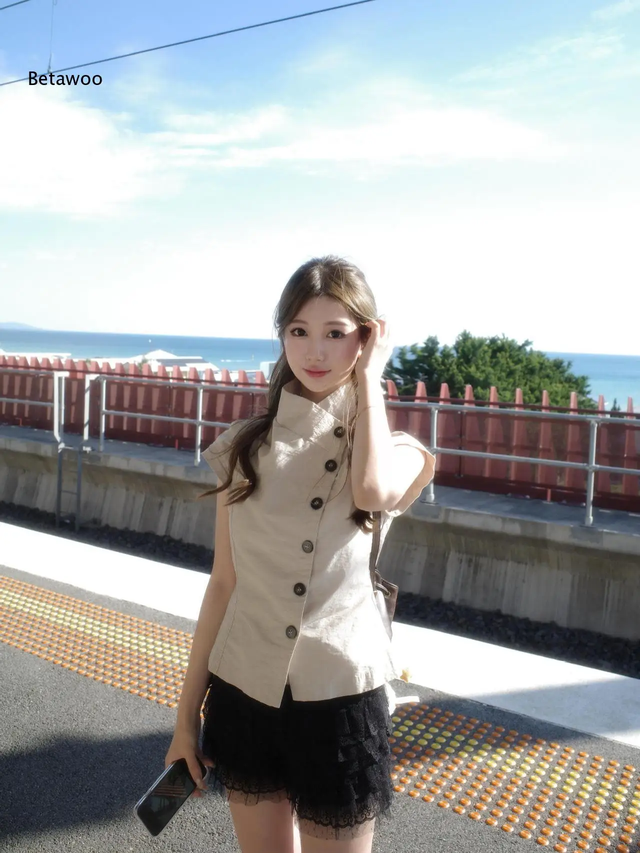 Women Stand Collar Cap Sleeve Blouse Asymmetric Button Front Slim Fitted Top Elegant French Style Shirt for Daily Commuter