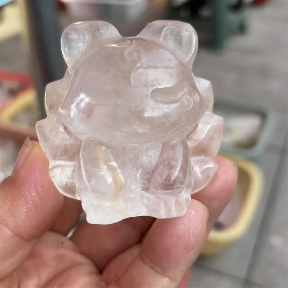 Natural Quartz Nine-Tailed Fox Carving Reiki Healing Stone Fengshui Decorative Animal for Home Holiday Crafts Gift