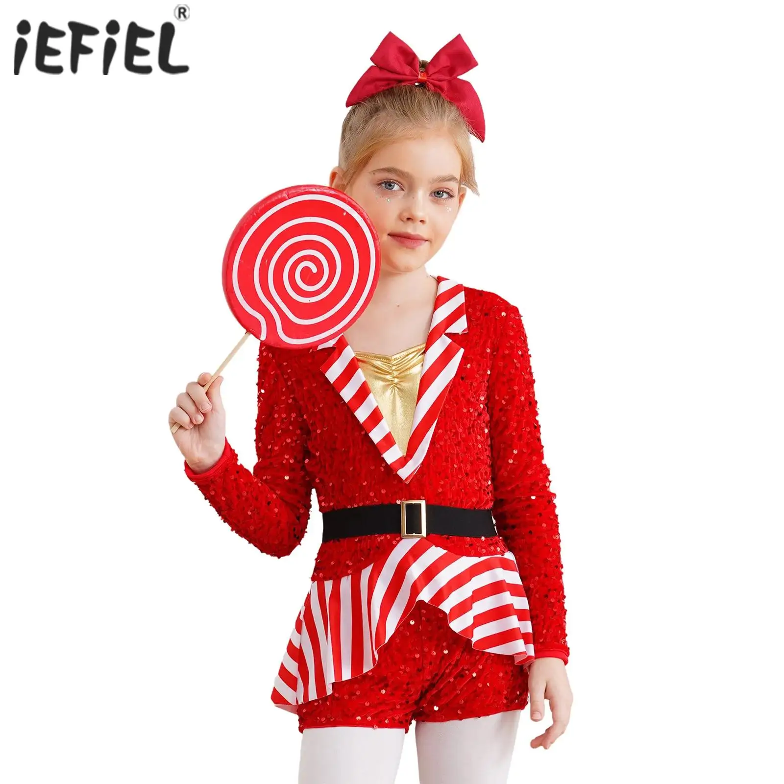 Girls Christmas Candy Cane Cosplay Outfit Lapel Collar Long Sleeve Boycut Bodysuit Sequins Stripes Gymnastics Ballet Costumes