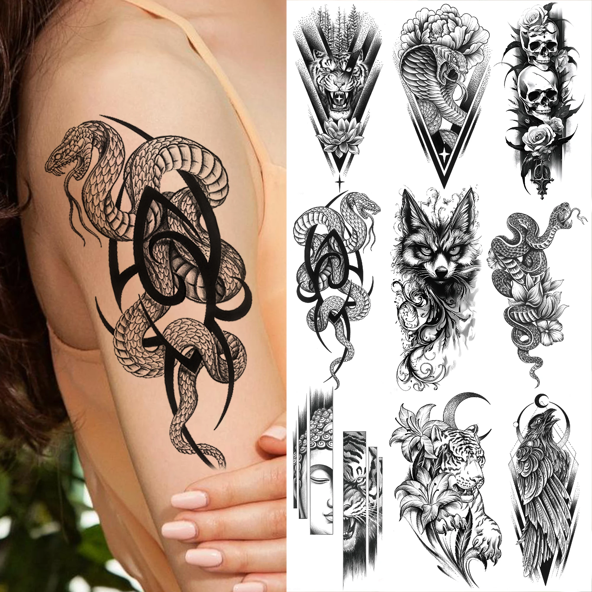 

1 Sheet Snake Fox Tiger Skull Demon Temporary Tattoos For Men Adults Women Arm Forearm Fake Tattoo Sticker Sleeve Water Transfer