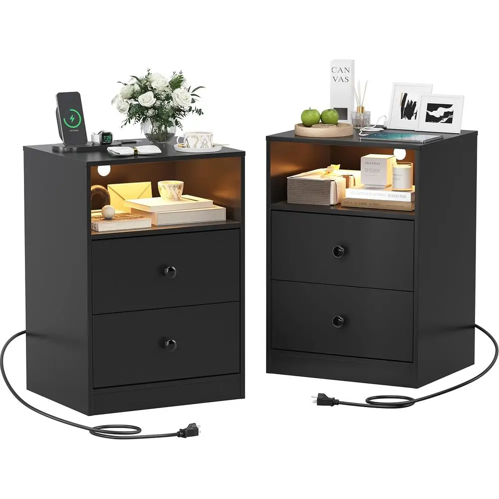 

Комплект из 2 черных прикроватных тумбочек с зарядной станцией, светодиодной подсветкой, USB-портами и местом для хранения