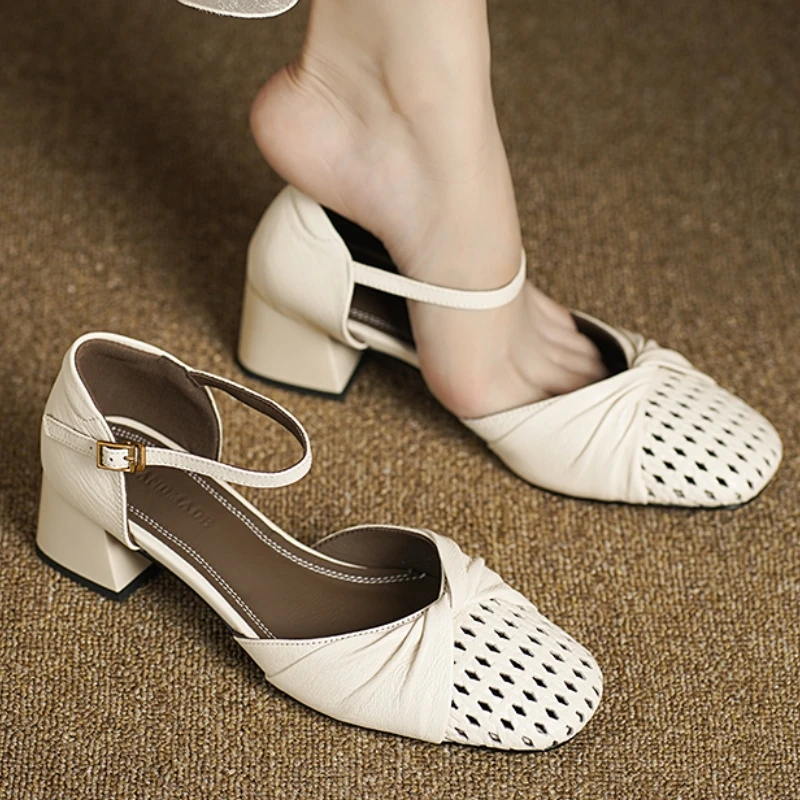 Women's Sandals Genuine Leather Summer Shoes Elegant Mid Heels Black Beige Ladies Sandals Large Size Closed Toe