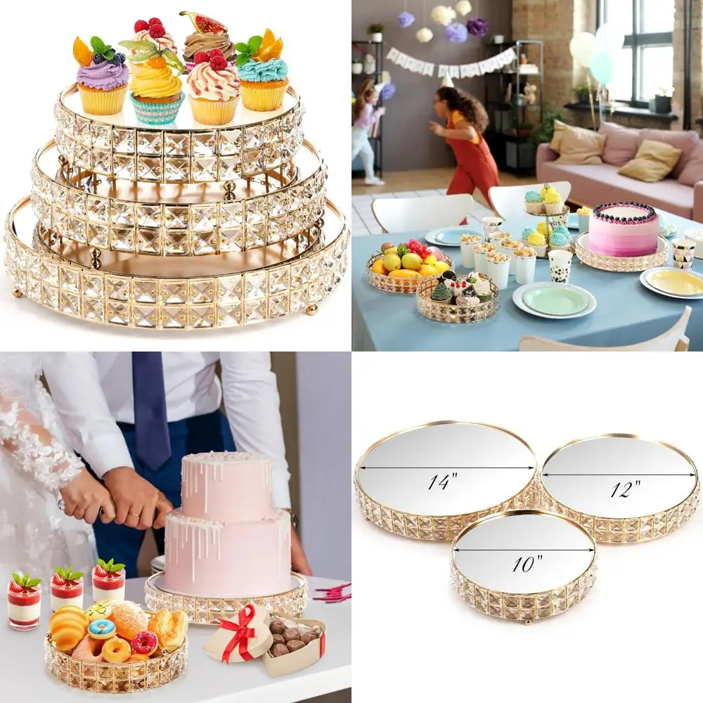

Gold Metal Round Cake Stand Set, 3-Tier Crystal Display with Mirror Base, Ideal for Desserts, Cookies, and Fruits, Sizes 14, 12,