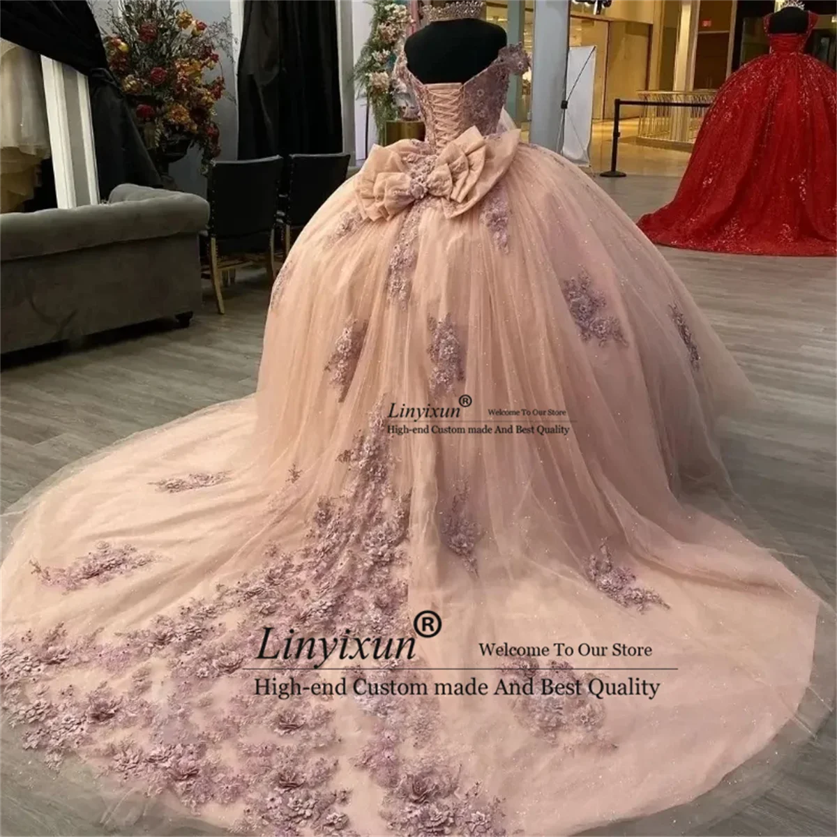 

Mexican Saudi Arabic Princess Pageant Prom Dresses Sweet 16 14 Girls Flower Applique Lace Up Vestido De xv Anos Quinceanera