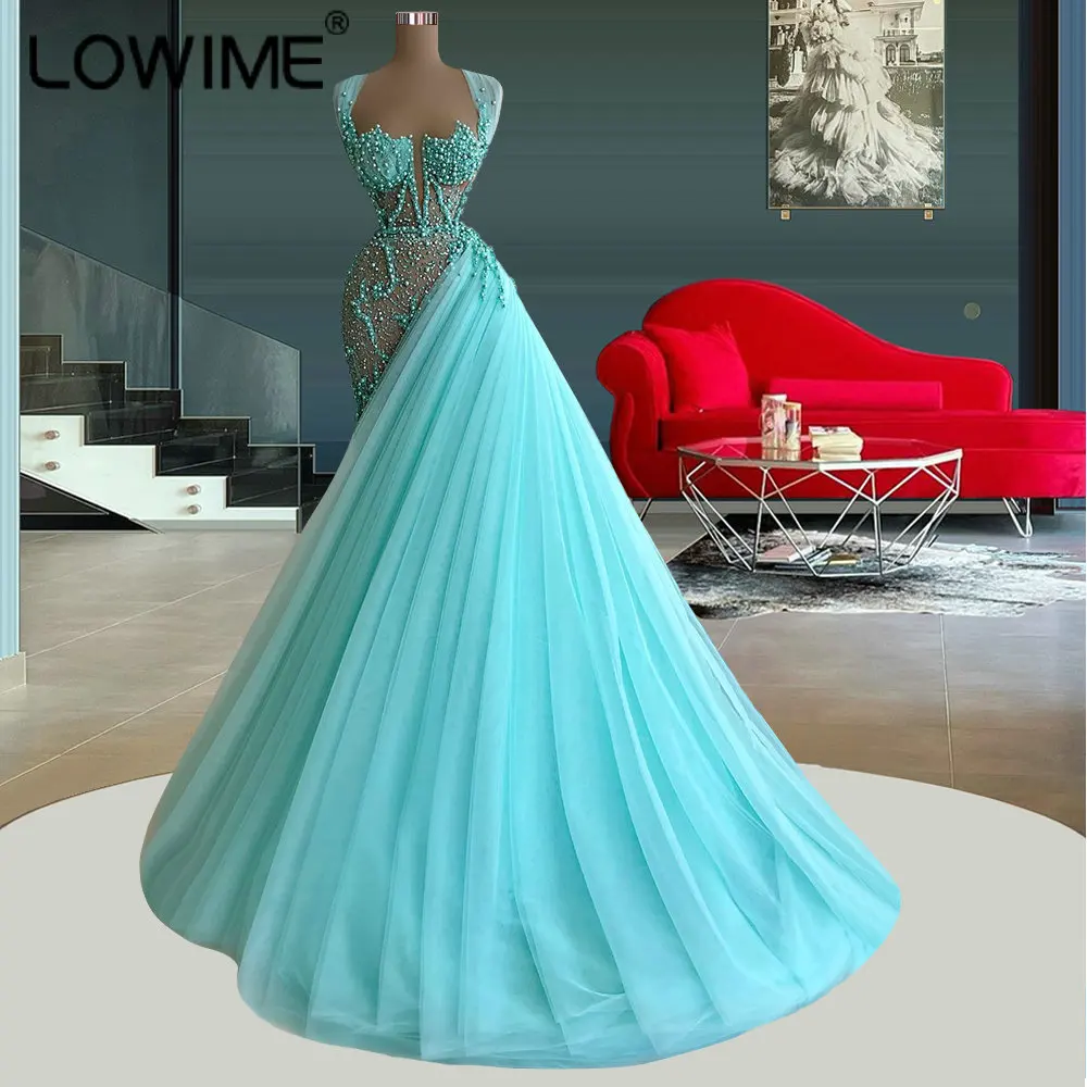 

Baby Blue Pearls Long Evening Dresses Starpless Formal Women Birthday Party Dress for Weddings Sexy Prom Night Gowns Vestidos