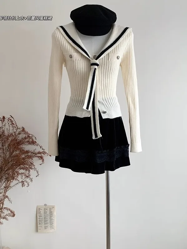 Navy Collar Long-sleeved Knitted Cardigan + Skirt New Two Piece Set Skirt Set 2000s Clothes Y2k Y2k Women\'s Clothing Skirts