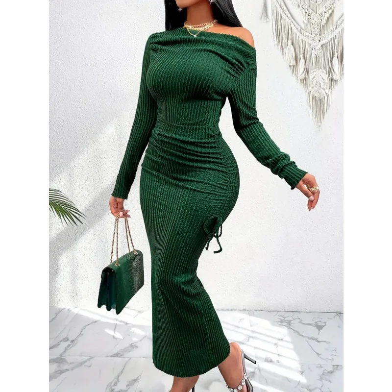 Damen-Midikleid mit schulterfreiem Schnitt, langen Ärmeln, figurbetontem Schnitt, strukturierter Strickoptik, geraffter Taille, seitlichem Kordelzug, schmaler Passform, für Partys und Abendveranstaltungen, Dropshipping – Detail 3
