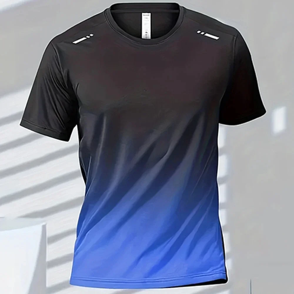 Fashion Men's 3D Gradient Sport T-Shirt Classic Stripe Printed Crew Neck Short Sleeve Outdoor Quick Dry Fitness Athletic Tee Top