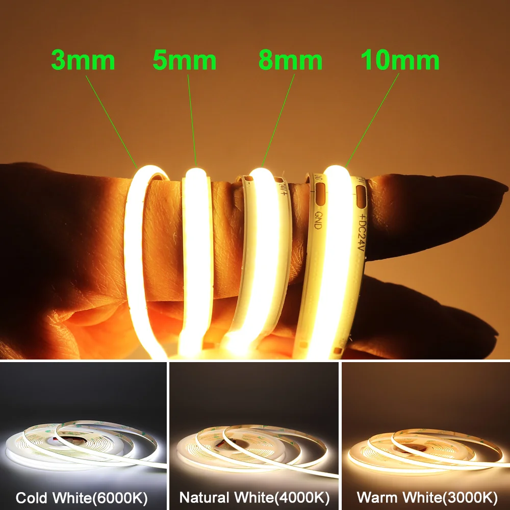 

12V 24V Dimmable LED Strip Lights 3mm/5mm/8mm/10mm LED Tape 3000K/4000K/6000K LED Ribbon Strong Double-sided Tape For Room Decor