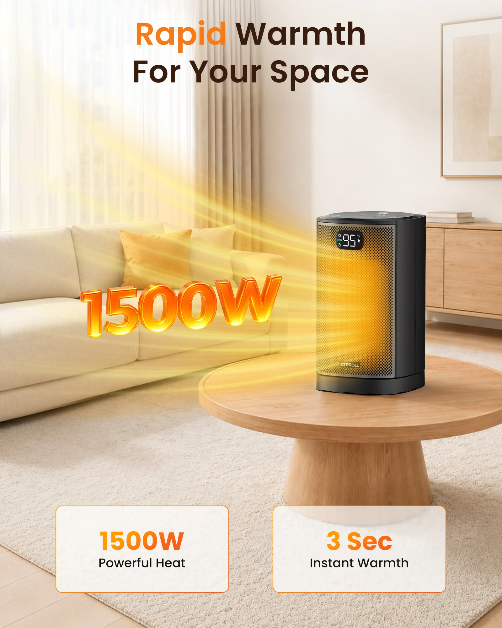 Portable Electric Heater with Remote Control 1500W PTC Ceramic Space Heater 10inch Oscillating Instant Warmth Quiet Air Blower Fan V0-Grade Fireproof Materials Overheat Protection Tilting Protection Home Appliance for Bedroom Office Desk Indoor