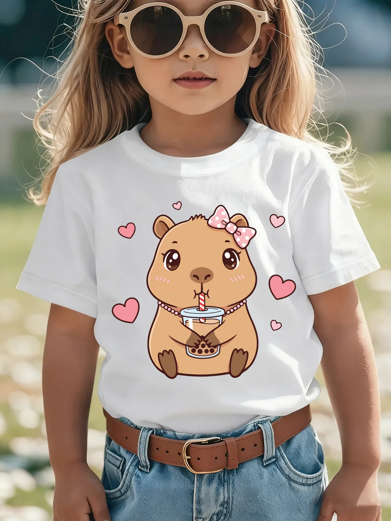 Summer Fashion Short-Sleeve T-Shirt for Girls Featuring a Casual And Versatile Capybara Cartoon Print of Drinking Milk Tea,