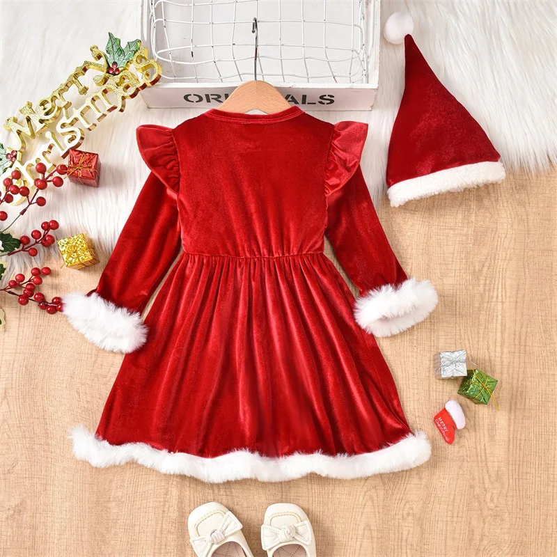 Baby Girls Christmas Dress Velvet Santa Claus Dress Long Sleeve Xmas Princess Party Cosplay Costume Dress With Santa Hat