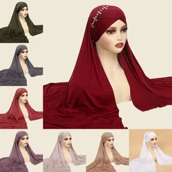 Écharpe Hijab Instantanée en Coton avec Diamants, Bonnet en Jersey, Design de Marque, Foulard Musulman, Côtelé Uni, Prêt à vitation, Tête Ronde
