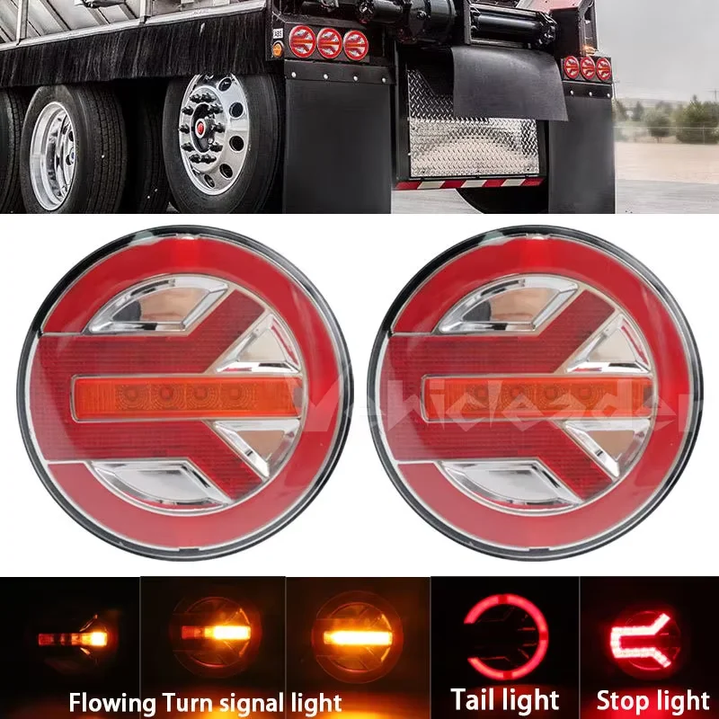 Truck Round LED Tail Light DRL Rear Brake Light Dynamic Turn Signal Lamp For Car Tractor Trailer Bus Van RV Pickup 4x4 12V 24V