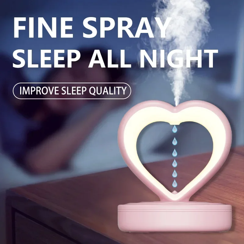 Humidificador antigravedad creativo en forma de corazón, humidificador de aire con forma de gota de agua LED, difusor de aceites esenciales, luz nocturna y pulverizador USB