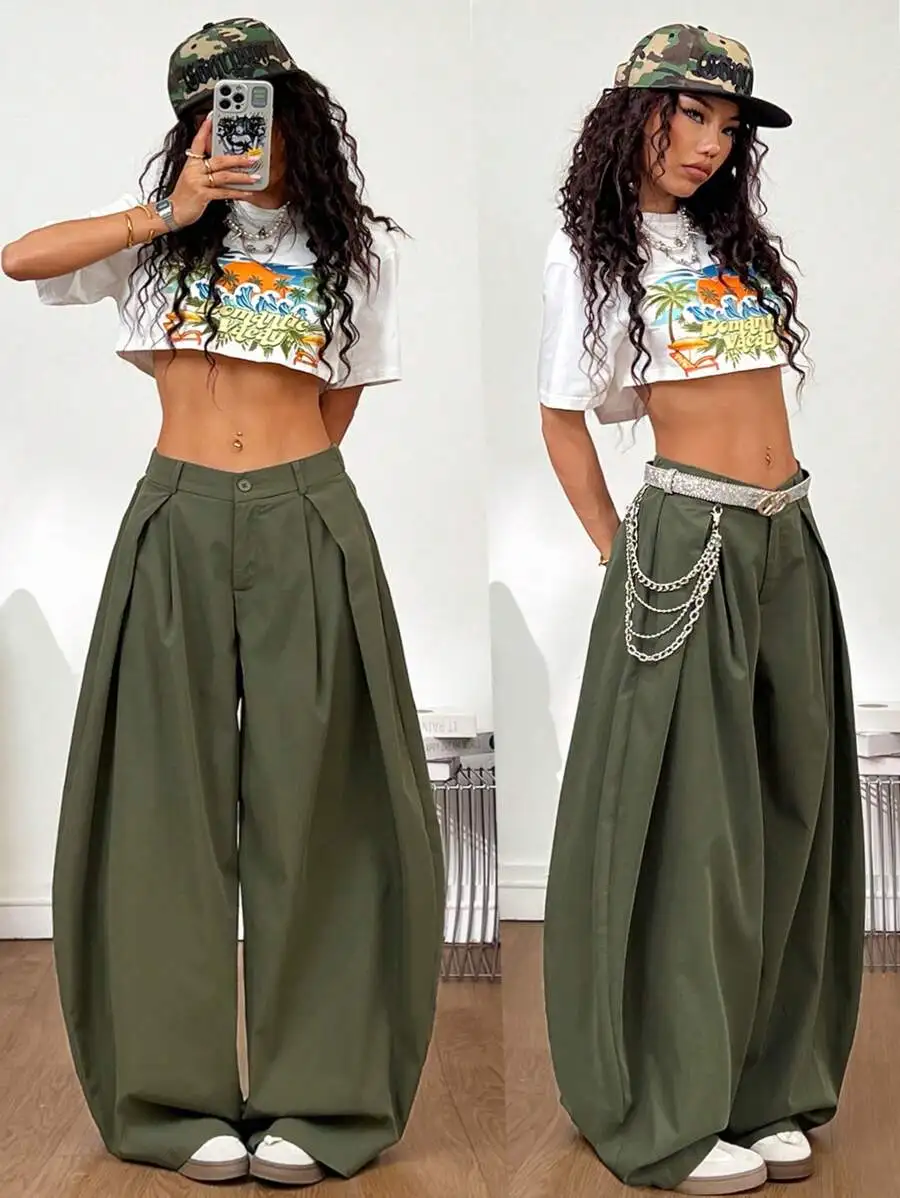 

Olive Green Oversized Wide-Leg Pants with Chain Belt Detail