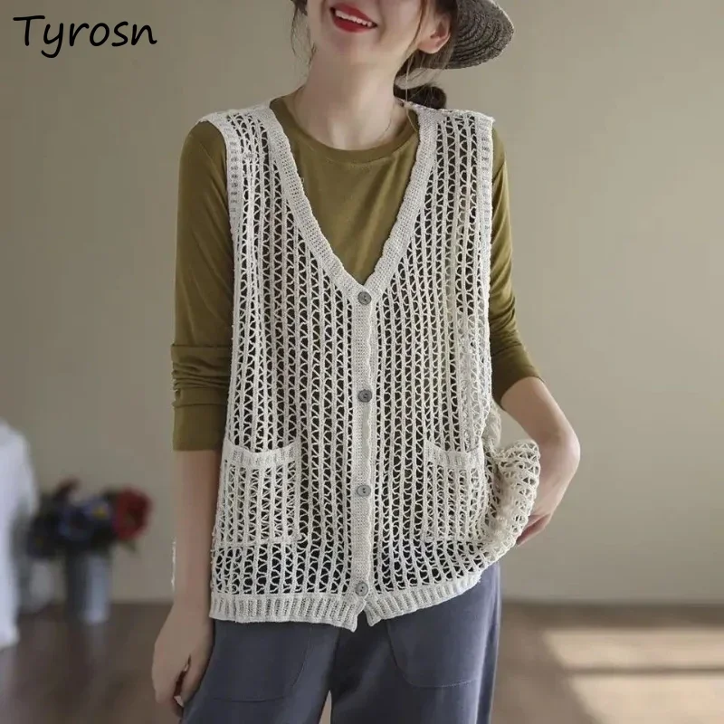 

Sweater Vest Hollow Out Design Loose Chic Students Simple All-match Ladies Fashion Elegant Sleeveless Tender Cozy Ulzzang Spring