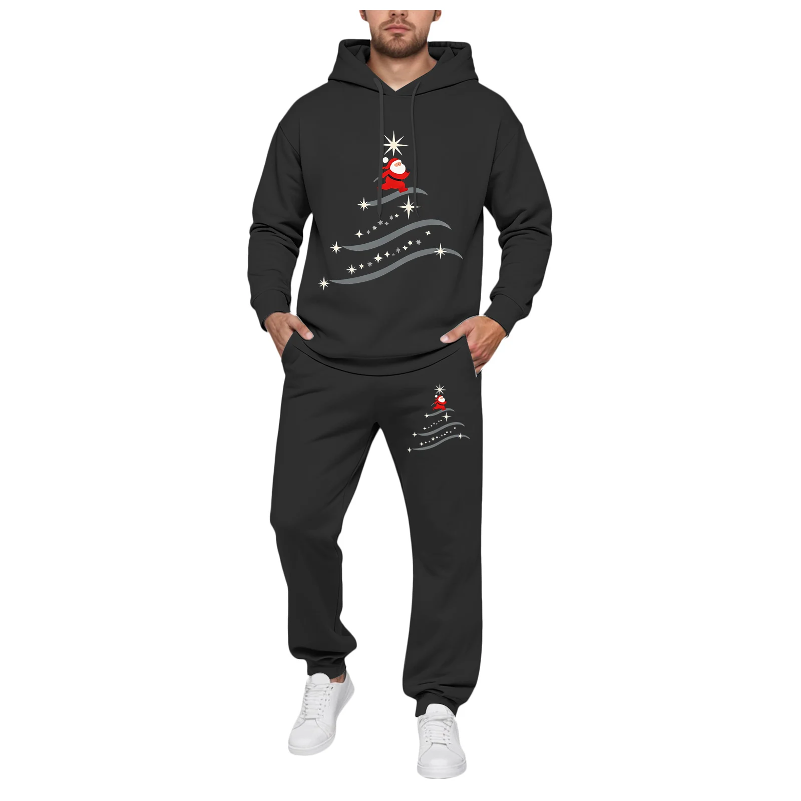 تان الرجال الدعاوى سليم صالح الرجال صوف مبطن مقنعين البلوز و بنطال رياضي مجموعة مع شجرة عيد الميلاد طباعة 3 قطعة جناح الرجال #1