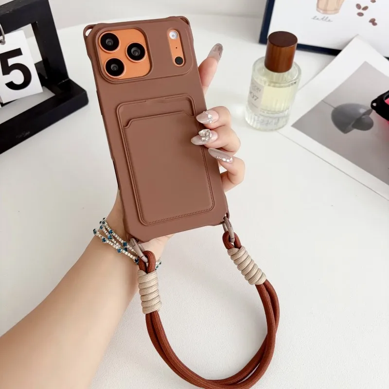 

Чехол-кошелек с ремешком для iPhone 17 Pro Max 14 12 11 13 15 16 Plus 17Pro, с отделениями для карт, противоударный, с ремешком на запястье, мягкий чехол