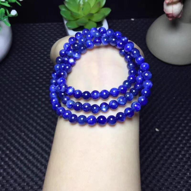 

Натуральный синий кианитовый браслет с 3 кругами, 6 мм, хрустальные круглые бусины, эластичный браслет из кианита, кошачий глаз для женщин и мужчин AAAAAA