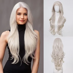 LOUIS FERRE 13*6 Lace Front Synthetic Wigs Long Curly Natural Layered Hair Silver White Wig For Women High Temperature Free Part