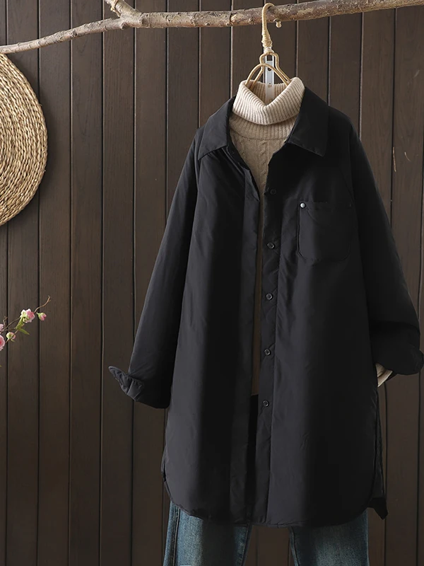 

Winter New Long Loose Cotton Jaet Women's Casual Pure Color Anti-Aging Korean Sle Retro oulder Insertion Button Outerwear