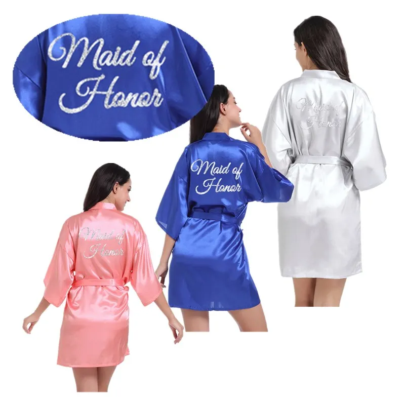 Wholesale Maid of Honor Silver Glitter Women Satin Kimono Robes For Wedding Party Short  Bath Sleepwear Bathrobes T142